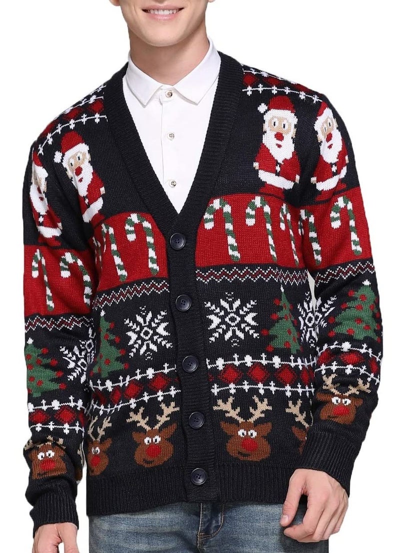 *daisysboutique* Men's Christmas Rudolph Reindeer Holiday Festive Knitted Sweater Cardigan Cute Ugly Pullover (Large, Reindeer-Santa&Cane Cardigan) - Image 1